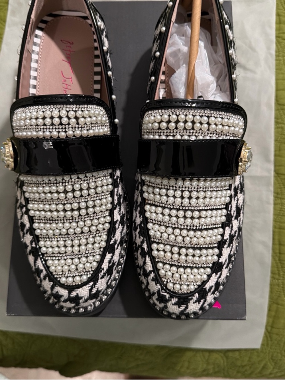 Betsey Johnson Black and White Pearl-Embellished Loafers